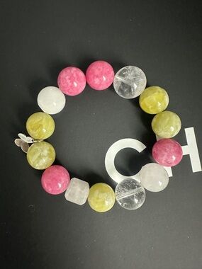 Handcrafted bracelet with Clear quartz, Rhodonite and Serpentine Jade